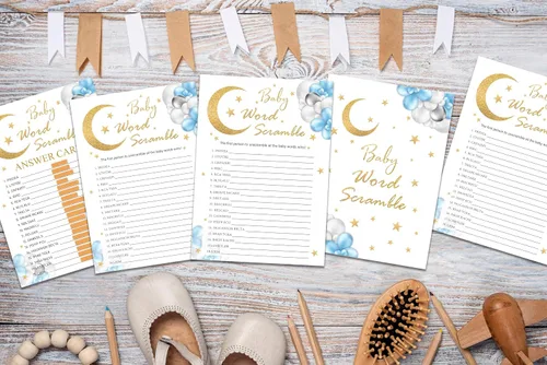 Vista 4 de Tarjetas de juego Baby Word Scramble, juegos de baby shower de luna y estrellas, 25 cartas y 1 clave de respuesta