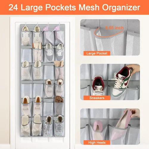 Vista 6 de FENTEC Organizador de zapatos para colgar sobre la puerta, 24 bolsillos, organizador de zapatos colgante para closet, de malla de bolsillo grande