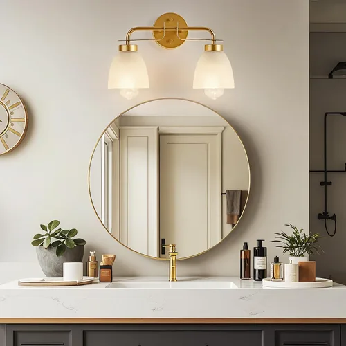 Vista 5 de Luces de tocador modernas de mediados de siglo de 16 pulgadas, lámpara dorada de 2 luces con pantallas de campana blancas esmeriladas, aplique
