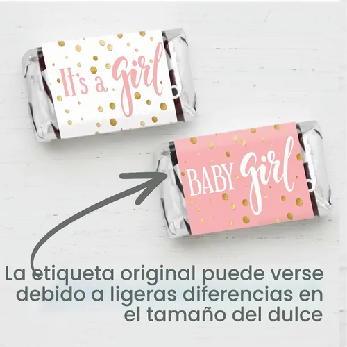 Vista 5 de Mini envoltorios de barra de caramelo rosa y dorado con texto en inglés "It's a Girl" para baby shower, 45 calcomanías