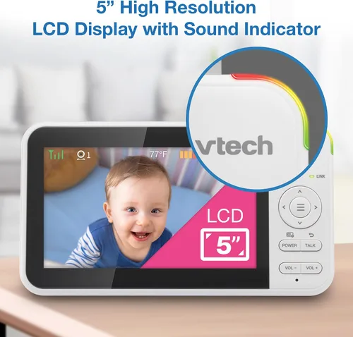 Vista 8 de VTech Monitor de bebé sin WiFi, pantalla de 5 pulgadas y zoom panorámico remoto para recién nacidos, a prueba de piratas, batería de 17 horas, rango