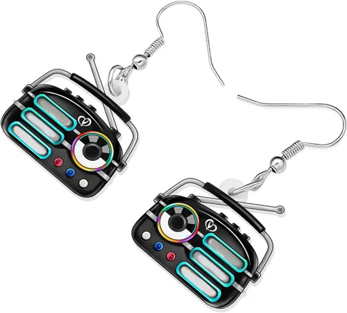 Vista 3 de Aretes de cinta de casete de radio vintage de acrílico para mujer, joyería retro de los años 80 y 90, regalos nostálgicos para fiestas