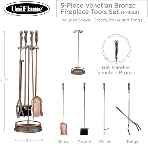 Vista 2 de UniFlame, Juego de herramientas para chimenea de bronce veneciano de 5 piezas con asas de bola Ball Handles