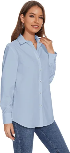 Vista 4 de YAMANMAN Camisas con botones para mujer, camisas de vestir de manga larga sin arrugas, blusas casuales de negocios para oficina y trabajo Azul