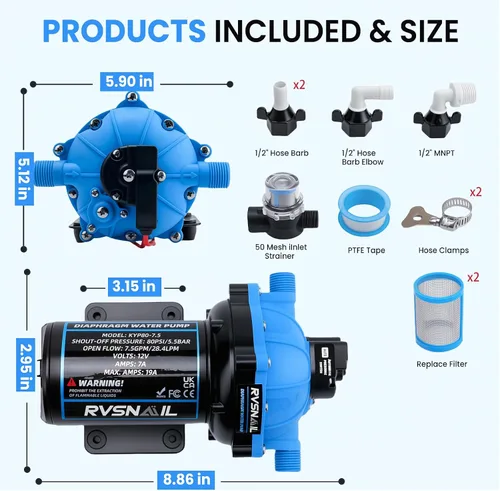 Vista 12 de Bomba de agua RV de 12 V, bomba de diafragma de 5 cámaras de 7.5 GPM 80PSI, autocebante con interruptor de presión resistente y colador para RV