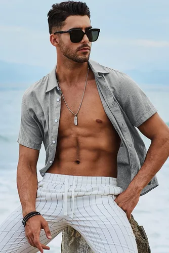 Vista 112 de JMIERR Camisas de vestir a rayas con botones y manga corta para hombre
