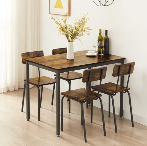Vista 3 de Juego de mesa de comedor, industrial de 5 piezas con 4 sillas de comedor con respaldo, ideal para restaurantes, desayunador, pub