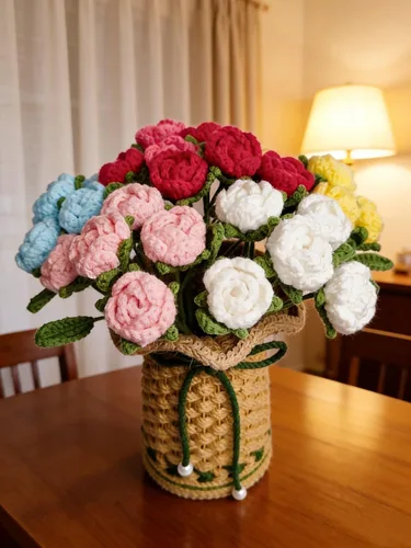 Vista 6 de THREEBOY Ramo de flores artificiales de ganchillo de rosas rojas con florero de punto para el Día de la Madre, San Valentín, decoración