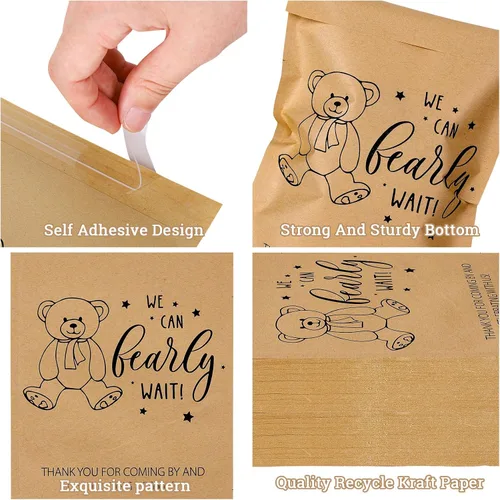 Vista 3 de AnyDesign Paquete de 100 bolsas autoadhesivas de papel kraft para baby shower, con texto en inglés "We Can Bearly Wait", bolsas de papel kraft