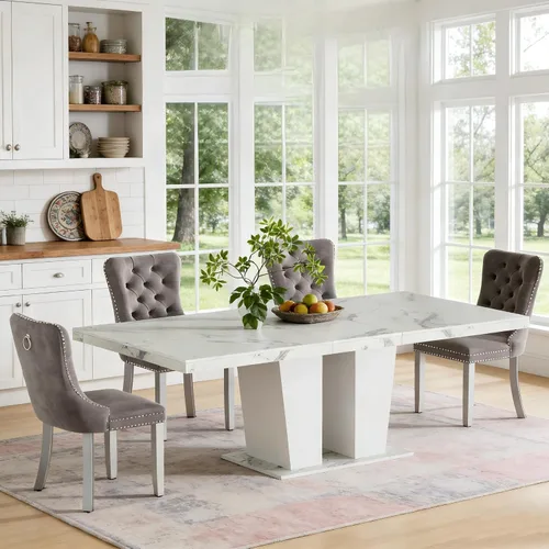 Vista 30 de Mesa de comedor extensible de 78.74 pulgadas para 6 8 y 10 pulgadas, moderna mesa de comedor extensible de granja con base de doble pedestal, mesa