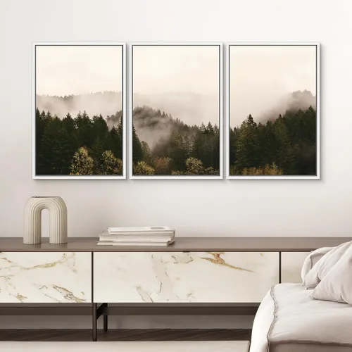 Vista 30 de SIGNWIN Lienzo enmarcado para pared, juego de arte pastel con cadena montañosa, bosque, niebla, naturaleza silvestre, ilustraciones modernas, arte
