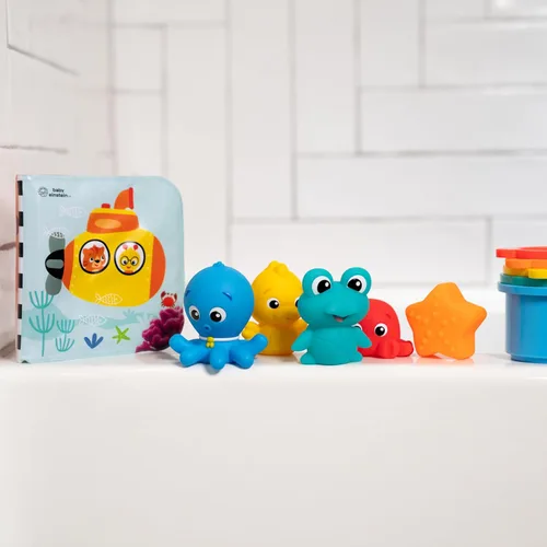 Vista 2 de Baby Einstein Ocean Explorers Opus Bath Pals - Juego de regalo de 11 piezas, libro de baño impermeable, tazas de baño, juguetes de baño