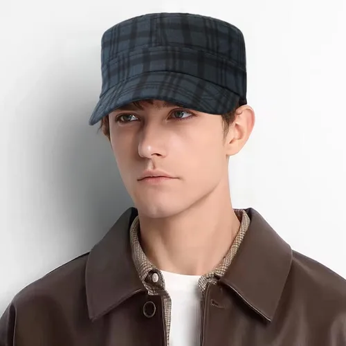 Vista 2 de Gorra de cadete para hombre, estilo militar, vintage, diseño a cuadros, tapa superior plana