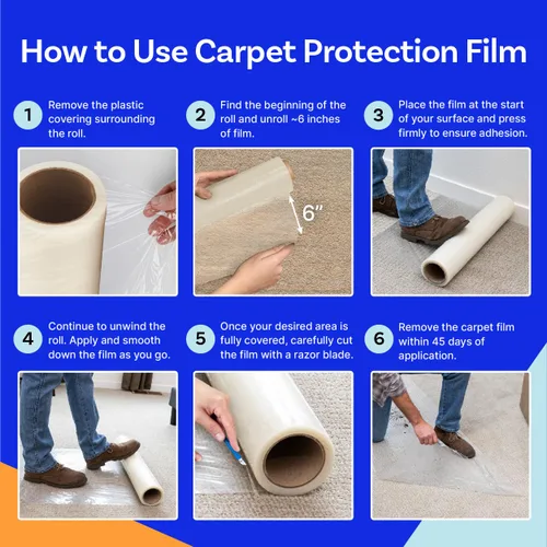 Vista 9 de TapeManBlue Rollo de película protectora de alfombra de 36 pulgadas x 200 pies, película protectora de plástico autoadhesiva para alfombras