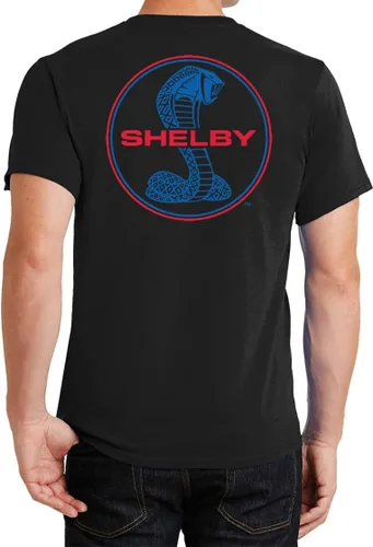 Vista 2 de Ford Mustang - Camiseta Shelby con logotipo azul y rojo en la parte delantera y trasera