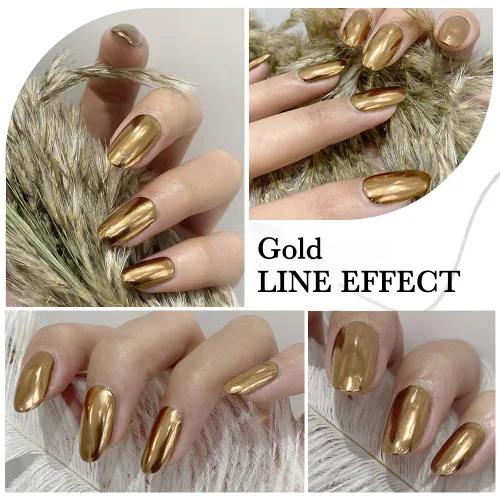 Vista 2 de Esmalte de uñas de gel de pintura metálica dorada de 0.3 fl oz, esmalte de uñas de gel metálico espejo 3D, flores/líneas de dibujo de gel metálico