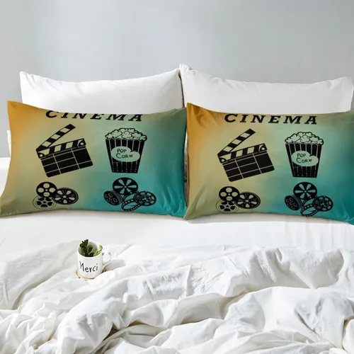 Vista 6 de Juego de edredón de cine tamaño individual, ropa de cama vintage de cine para niños, niñas y adultos, juego de edredón de palomitas de maíz