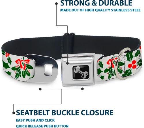 Vista 4 de buckle-down Holly & Mistletoe perro collar HUESO, Wide grande/18 – 32" Holly Mistletoe Durable Metal Adjustable ID Tag Ring