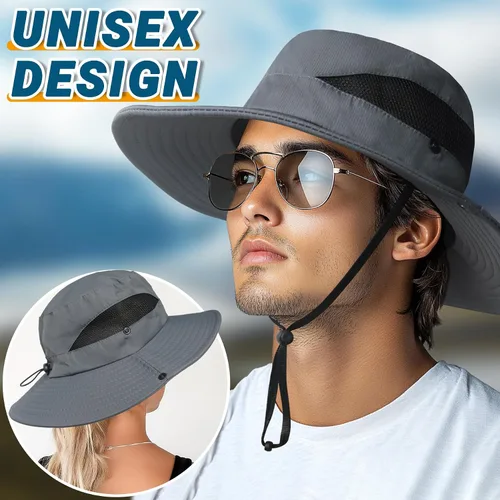 Vista 2 de NPQQUAN Sun Hats for Men Women Wide Brim UPF 50+ UV Protection Bucket Hat Gris oscuro (con malla)
