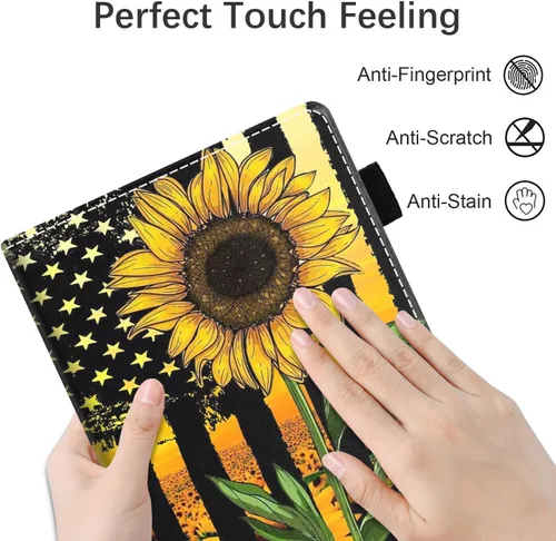 Vista 6 de WEUIUJKILO Funda para tablet Kindle Fire HD 10 de 10.1 pulgadas (9ª/7ª generación, versión 2019/2017) – Diseño de bandera estadounidense y girasol