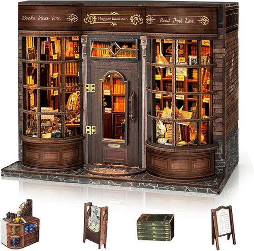 Vista 10 de BELEEV Kit de rincón de libros – Librero de madera en miniatura con luces LED, puerta que se puede abrir, rompecabezas 3D, decoración de estantería