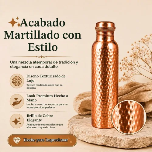 Vista 3 de Botella de agua 99.97% de cobre puro, botella reutilizable de alta calidad para agua potable, diseño resistente a las fugas, vasos tradicionales