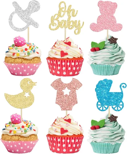 Vista 16 de Gyufise Paquete de 36 adornos para cupcakes Oh Baby ensamblados con texto en inglés "It's a Boy" con corbata, mameluco de amor, corazón, purpurina