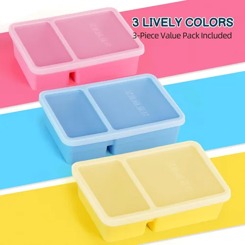 Vista 8 de Paquete de 3 recipientes de silicona con tapas, 12 onzas de doble compartimento reutilizable, caja Bento para niños, cajas de almacenamiento