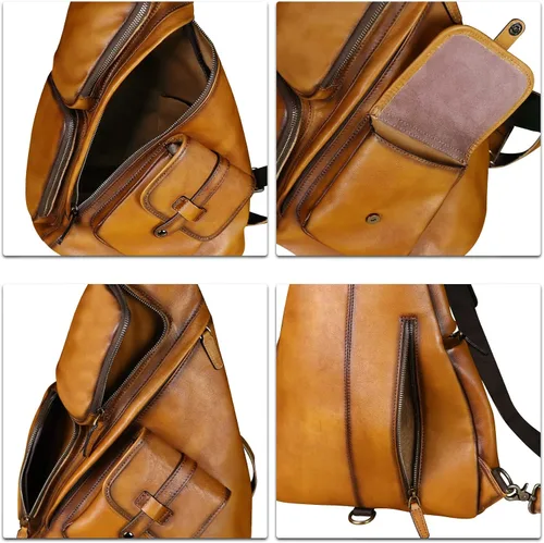 Vista 7 de Bolso bandolera de piel auténtica, casual, para senderismo, vintage, hecho a mano, para el hombro, mochila para motocicleta, Marrón, M, Mochilas