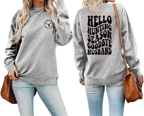 Vista 22 de DUDIHOHX Hello Hunting Season Goodbye Husband - Sudadera de manga larga con estampado de moda, casual, cuello redondo