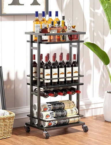 Vista 10 de OKZEST Carrito de barra de 3 niveles para el hogar, mini gabinete de licor Negro (Rustic Black)