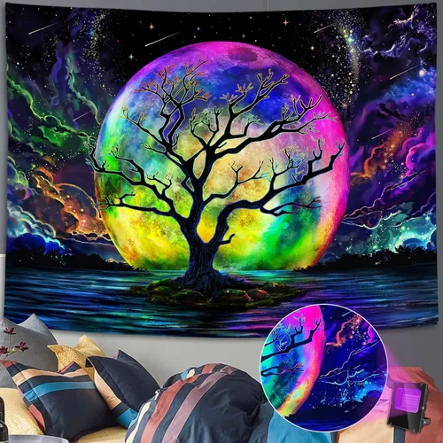 Vista 4 de Faxdong Tapiz de luna con luz negra, reactivo a los rayos UV, árbol lago, colorido estrellado, noche estrellada, galaxia, nubes espaciales, tapiz