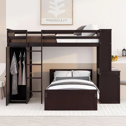 Vista 3 de Cama tipo loft multifuncional de tamaño individual con una cama y escritorio independientes, cama tipo loft de madera maciza con estantes y armario