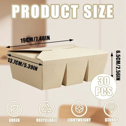 Vista 3 de Paquete de 30 recipientes de comida para llevar, 3 compartimentos de 7.5 x 5.4 x 2.6 pulgadas, cajas de papel de pulpa de bambú para llevar