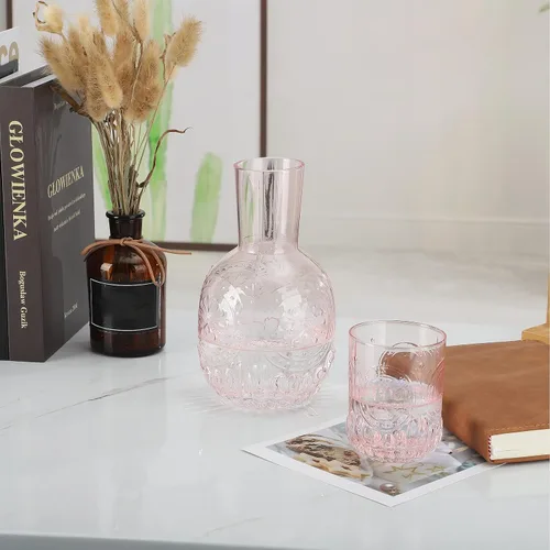 Vista 9 de Juego de jarra de agua y vaso de noche de cristal para baño, dormitorio, cocina (rosa)