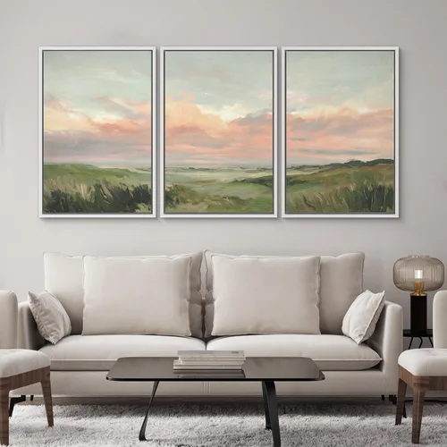 Vista 226 de SIGNWIN Lienzo enmarcado para pared, juego de arte pastel con cadena montañosa, bosque, niebla, naturaleza silvestre, ilustraciones modernas, arte