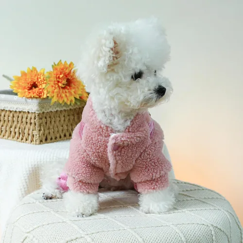 Vista 3 de Ropa para cachorros, pijamas para perro, trajes de invierno, abrigo para perros pequeños, overol de forro polar con patrón de corazón, pantalones