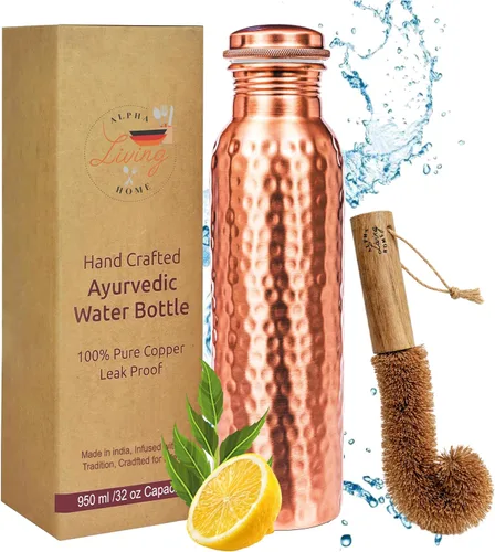 Vista 14 de Alpha Living Home Pure Copper Water Bottle Set of 3 - Handcrafted Drinking Bottles with Hammered, Diamond & Honeycomb Design - Leak Proof Wide Mouth