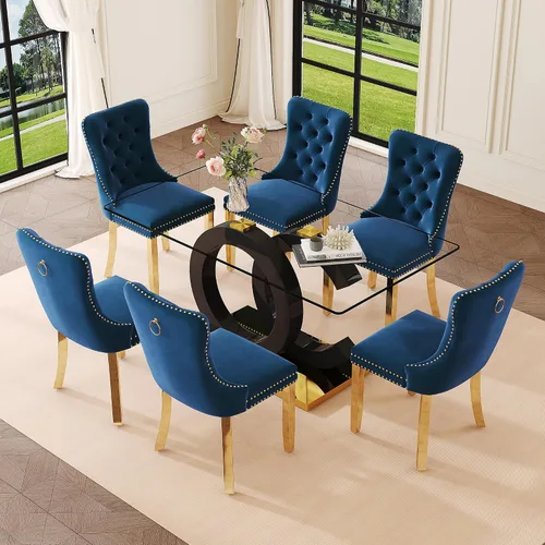 Vista 13 de Ebullient 63" Modern Glass Dining Table Set for 4, Black & Gold 5-Piece Set Glass Table & Beige Chairs