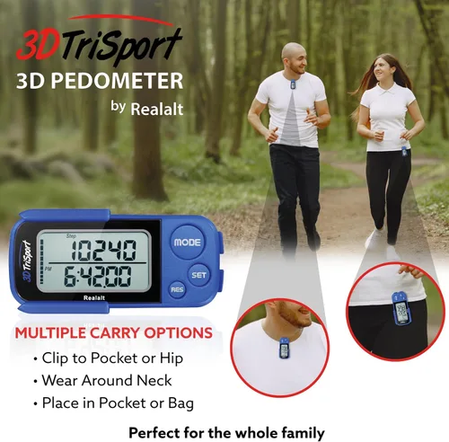 Vista 5 de Realalt 3DTriSport 3D Walking Pedometer with Clip & Strap, Accurate Step Counter with 30-Day Memory, Distance in Miles/KM with Large Display Perfect