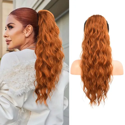 Vista 13 de FLUFYMOOZ Extensión de cola de caballo de 22 pulgadas, extensiones de cabello sintético ondulado largo y rizado para mujer