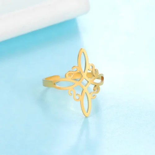 Vista 28 de UNIFT Anillo de nudo de bruja para mujer, de acero inoxidable, estilo geométrico, elegante, elegante, irlandés, nudo celta, ajustable, anillo