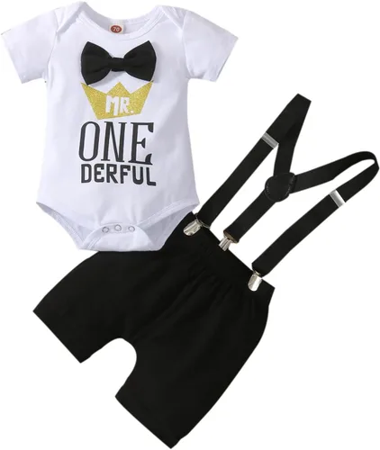 Vista 25 de Ropa divertida para el primer cumpleaños para bebé, ropa para bebé, con corbatín, mameluco, pantalones, conjunto de tirantes, trajes de pastel