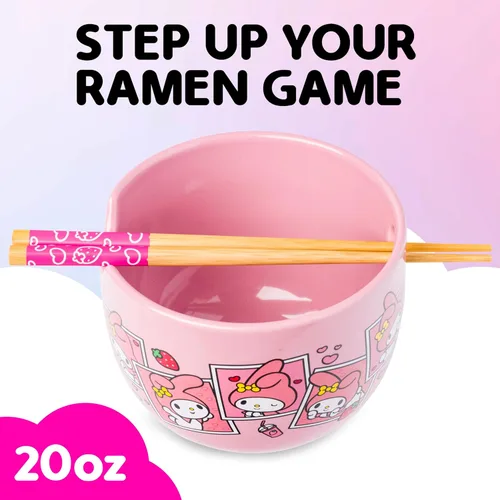 Vista 142 de Silver Buffalo Hello Kitty y sus amigos Chococat - Tazón de cerámica para ramen y arroz con palillos, patrón a cuadros, apto para microondas, 20