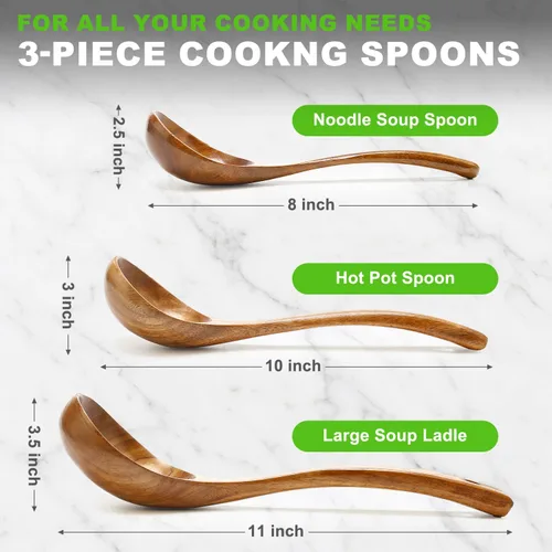 Vista 4 de Paquete de 3 cucharones de madera para servir, cucharón de sopa, cucharón de madera para cocinar, cucharón grande, herramientas de cocina
