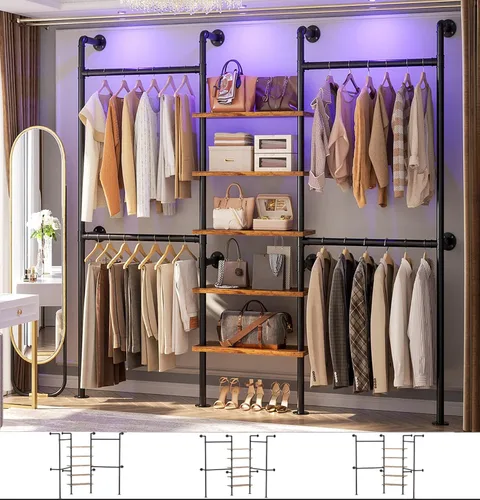 Vista 8 de Aheaplus Perchero industrial de tubo, perchero reversible de 6.42 pies para colgar ropa, resistente de 5 niveles para armario, perchero con Negro
