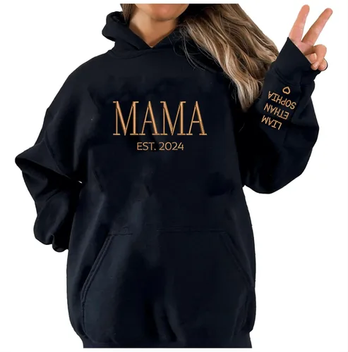 Vista 6 de LOVELYPOD Sudadera bordada personalizada con nombre de niños en la manga, camisa del día de la madre, regalo para la nueva mamá en Navidad