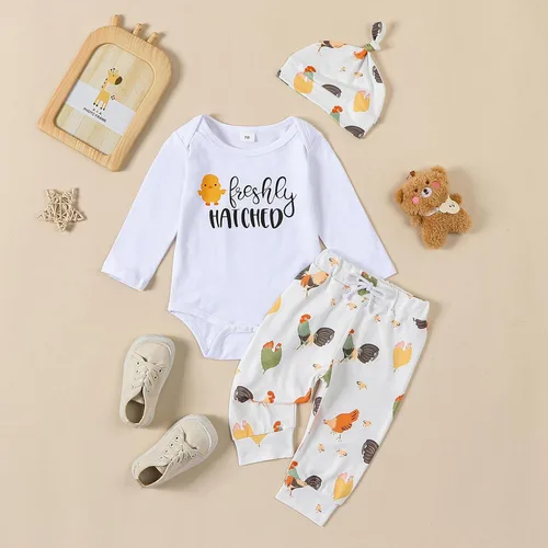 Vista 2 de Omkzanbi Ropa para bebé recién nacido, niña y niño, recién nacido, mameluco con pantalón largo de pollito de granja, lindo traje de regreso a casa