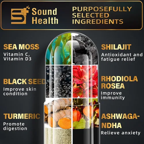 Vista 6 de Cápsulas de musgo marino con Ashwagandha, cúrcuma, vejiga, vitaminas C y D para energía natural, apoyo para el sueño y crecimiento del cabello
