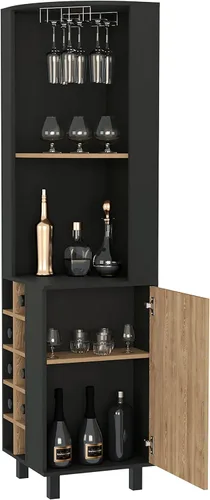 Vista 5 de FM FURNITURE Leah Armario esquinero para bar con 2 estantes abiertos, 2 estantes interiores, estante de vidrio y 10 cubos de vino, negro/pino